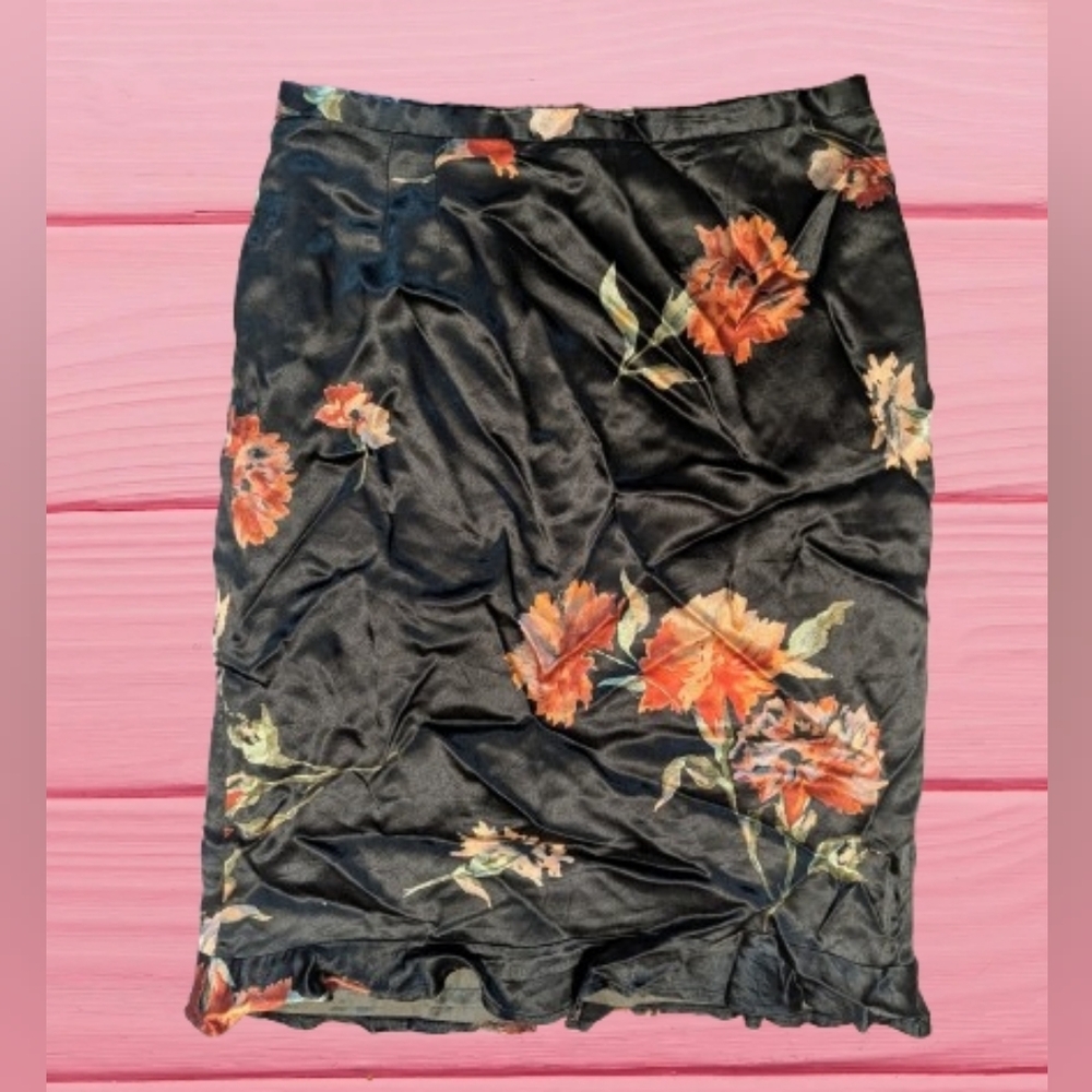 Un Deux Trois Elegant Satin Retro Black Floral Pencil Skirt France 42 US 10-12